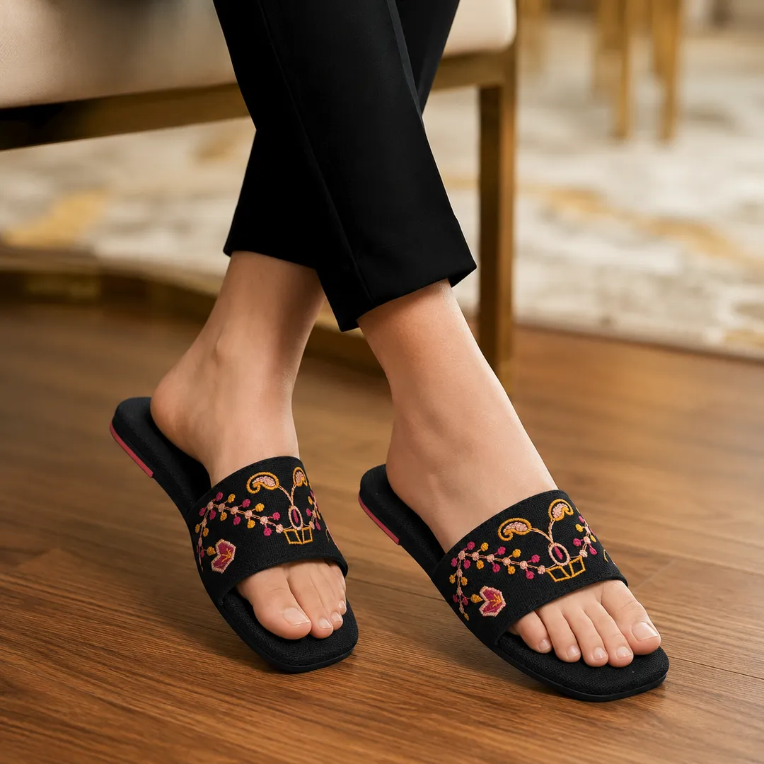 Women's Black Threadwork Slides Casual Formal Comfortable