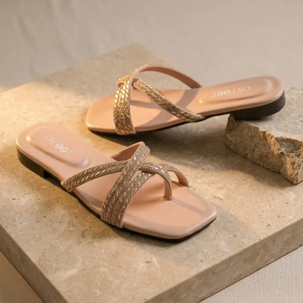 Crystal Cross Strap Flat Slides - 068 - Pink