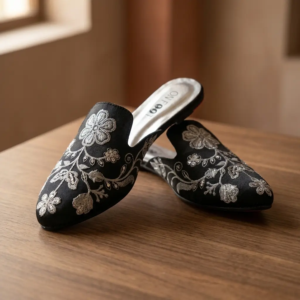 Elegant Floral Embroidered Backless Loafers - 071 - Black