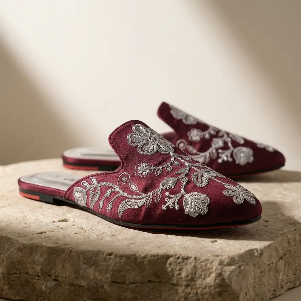 Elegant Floral Embroidered Backless Loafers - 071 - Maroon