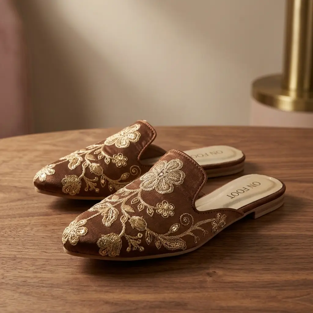 Elegant Floral Embroidered Backless Loafers - 071 - Mustard