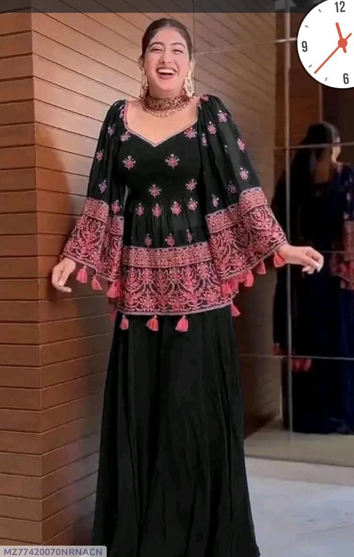 Black Chiffon 3-Piece Suit for Women with Pink Embroidery