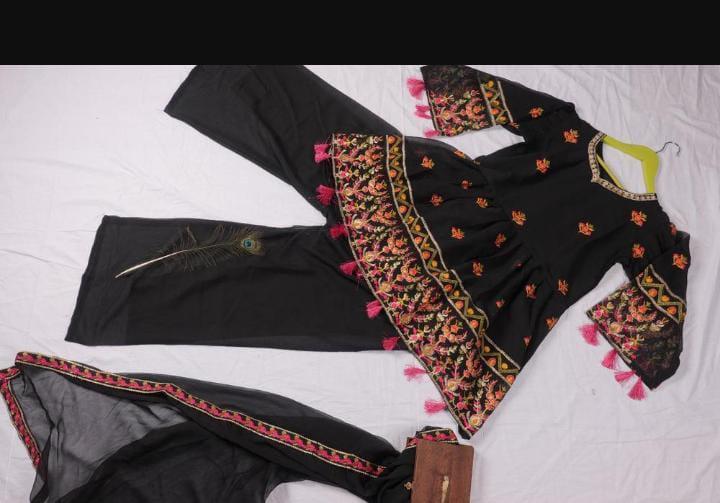 Black Chiffon 3-Piece Suit for Women with Pink Embroidery