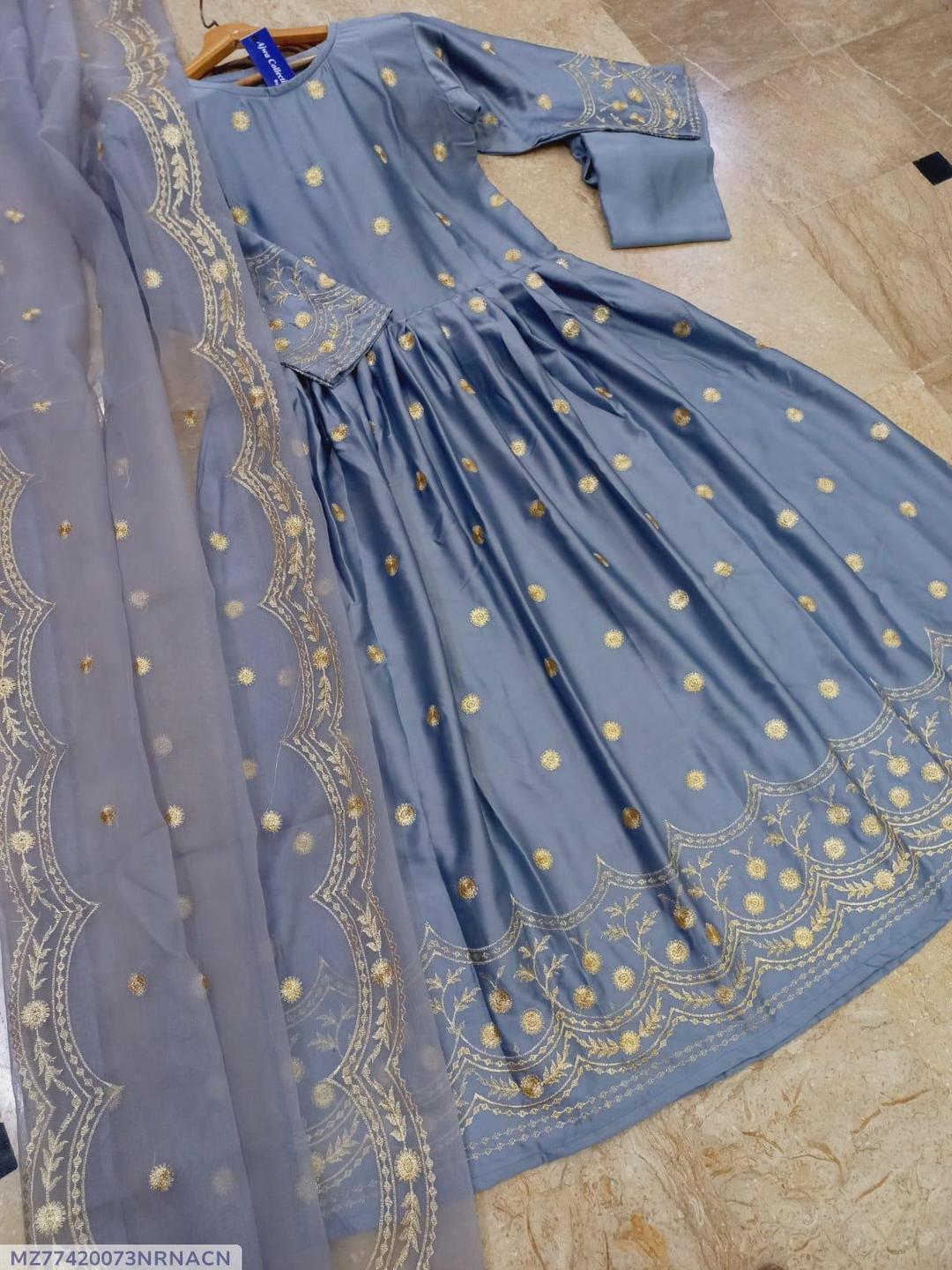 Blue Embroidered Shamoz Silk 3 Pcs Maxi Suit Medium