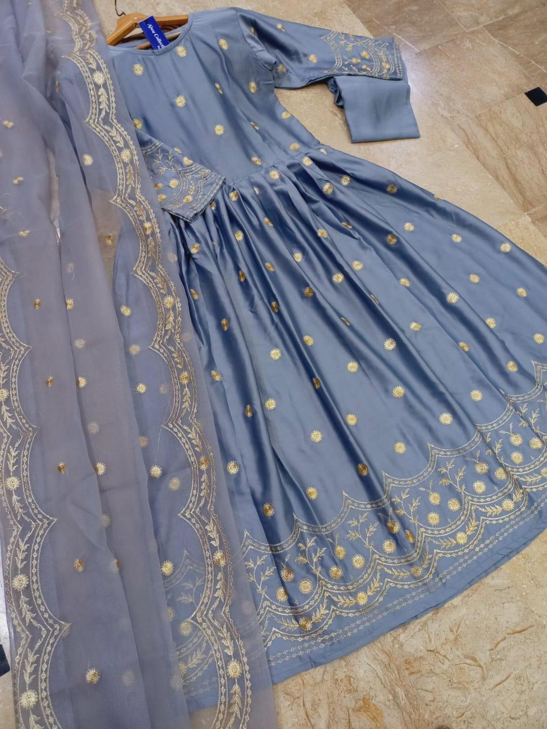 Blue Embroidered Shamoz Silk 3 Pcs Maxi Suit Medium