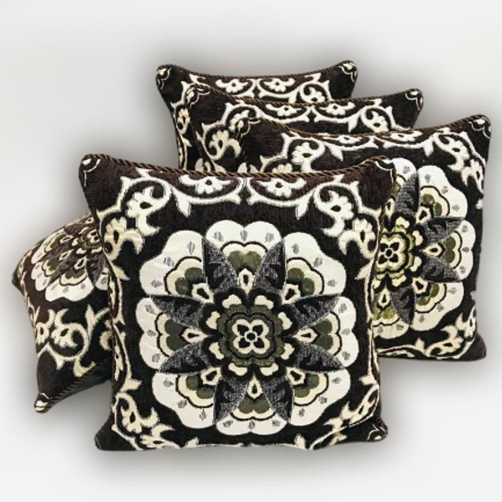 Velvet Jacquard Cushion Cover Set 5Pcs Floral Black Cream Olive Green