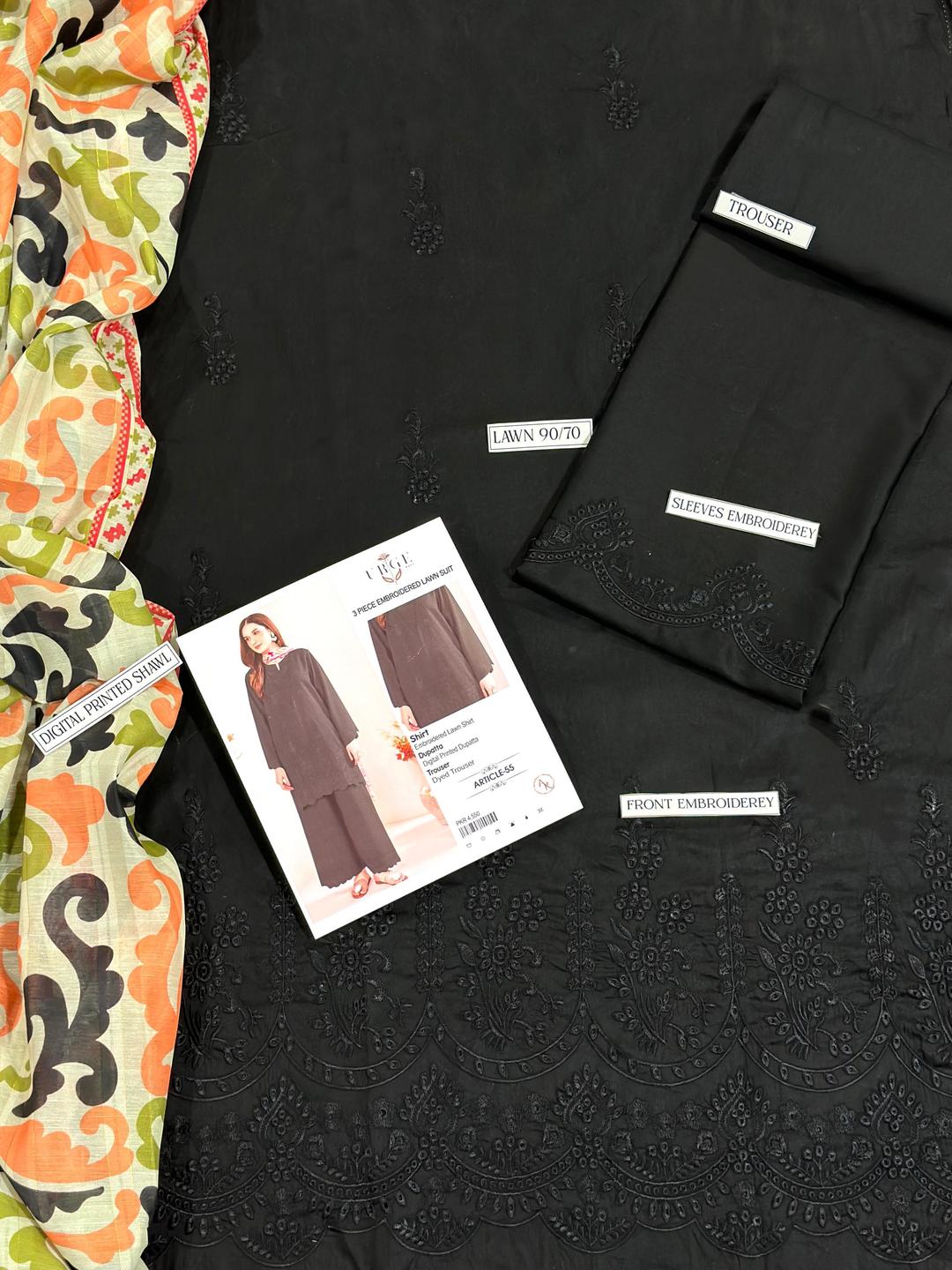 Black Chikankari Lawn Suit with Printed Dupatta for Women