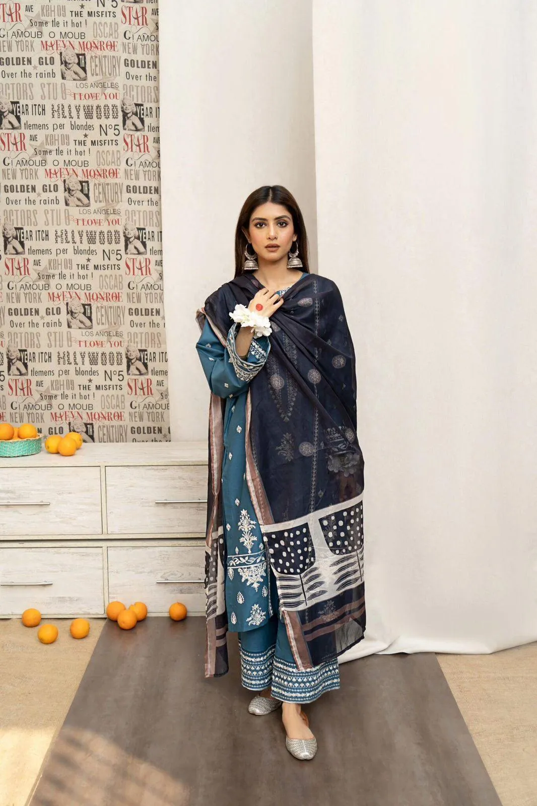 Blue Embroidered 3-Piece Lawn Suit for Women