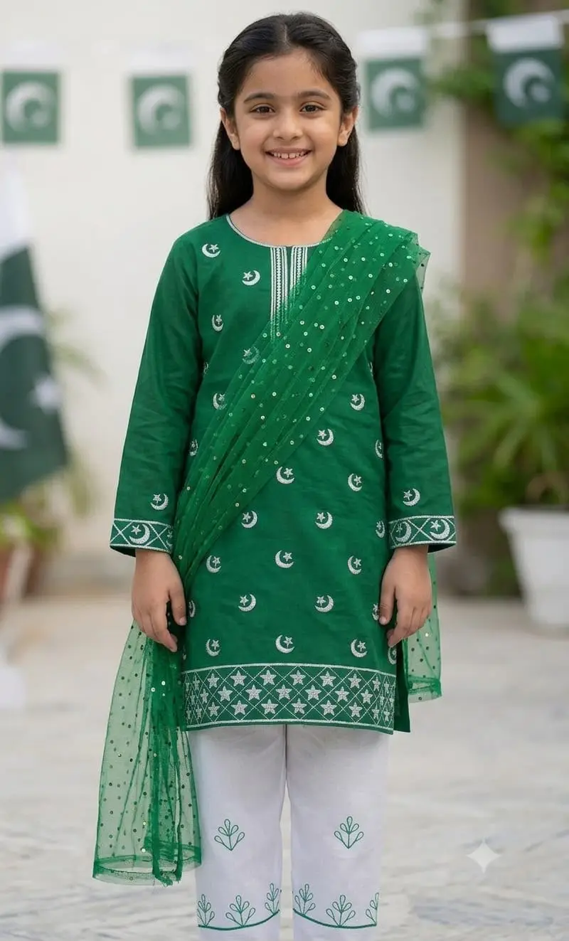 3 Pcs Girl's Cotton Embroidered Kurta And Shalwar Suit