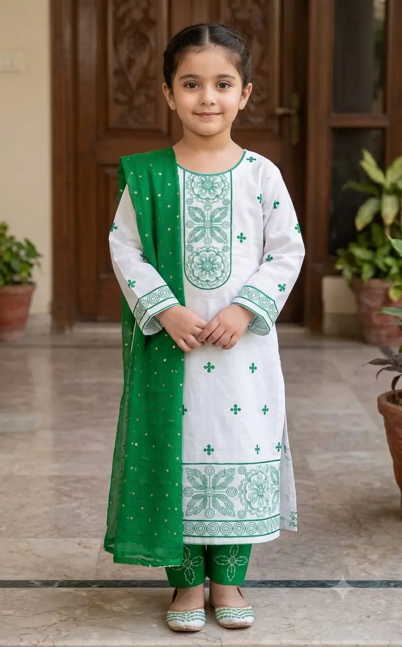 3 Pcs Girl's Cotton Embroidered Kurta And Shalwar Suit