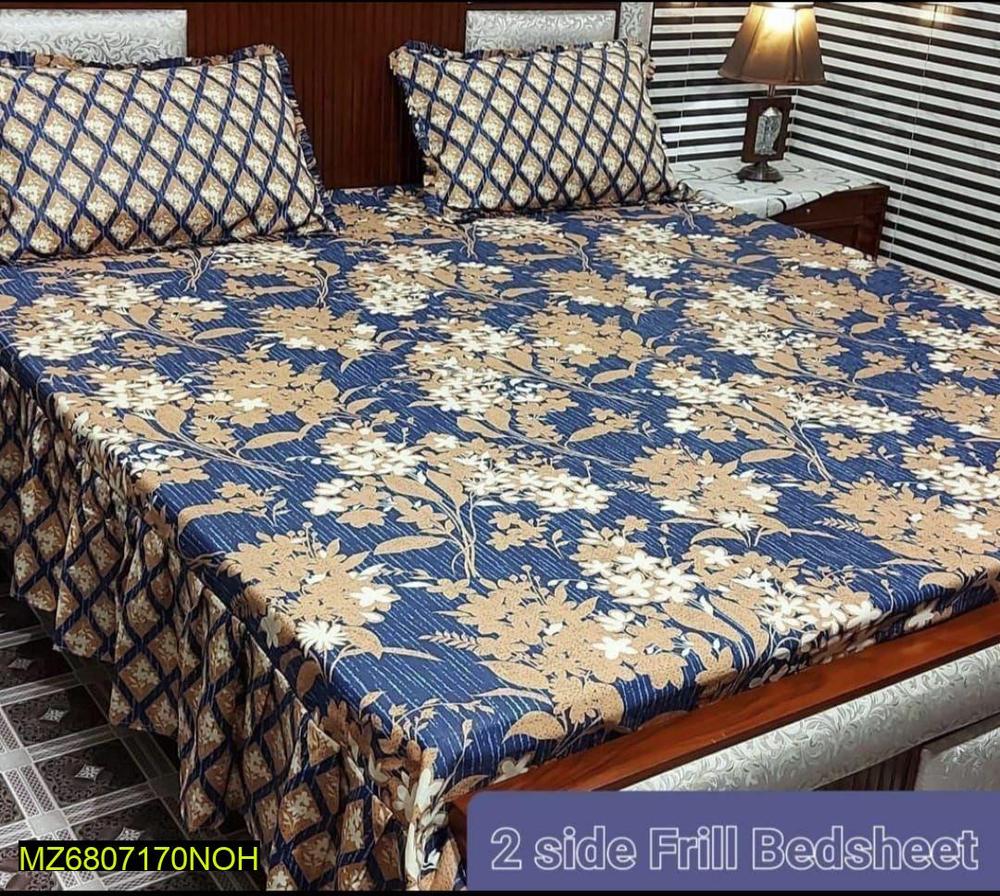 2-sided Frill Bedsheet Set Blue Floral Cotton Pakistan