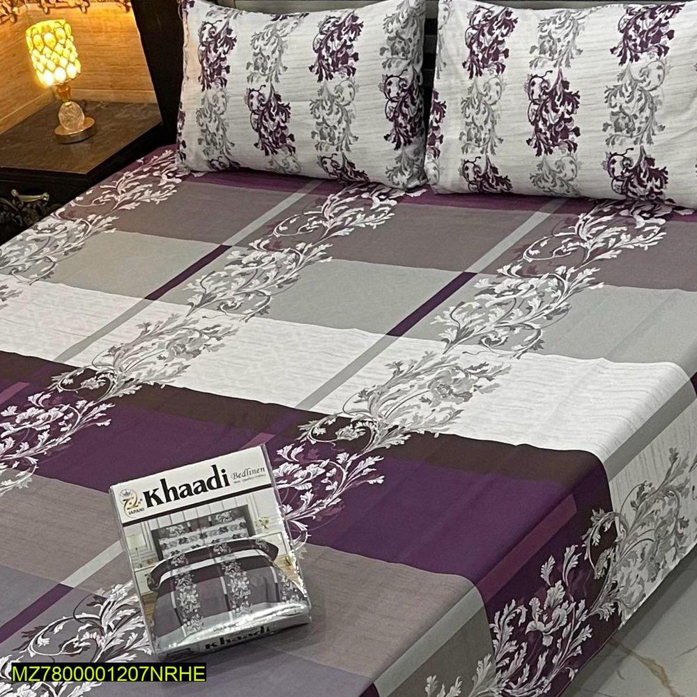 Premium Cotton Salonica Double Bedsheet Grey Purple Floral Print