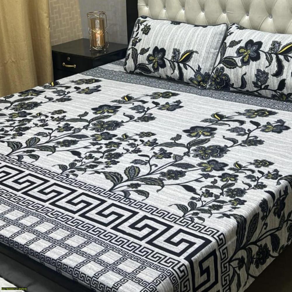Crystal Cotton Double Bedsheet Set with Floral & Greek Key Print