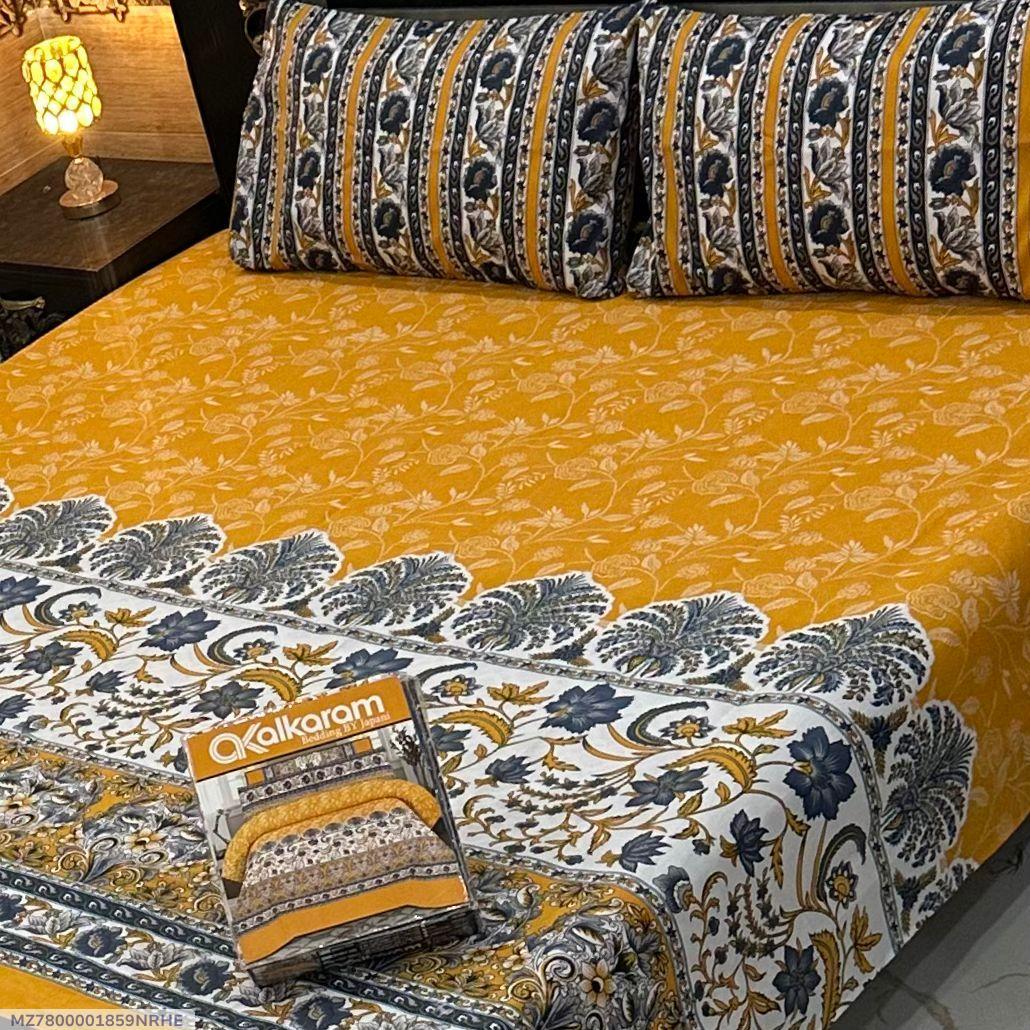 Cotton Salonica Double Bedsheet Yellow Blue Gold Floral Print