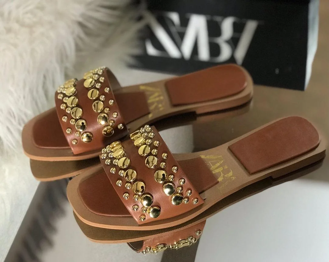 Beige Synthetic Leather Women's Fancy Flats Sizes 6-11