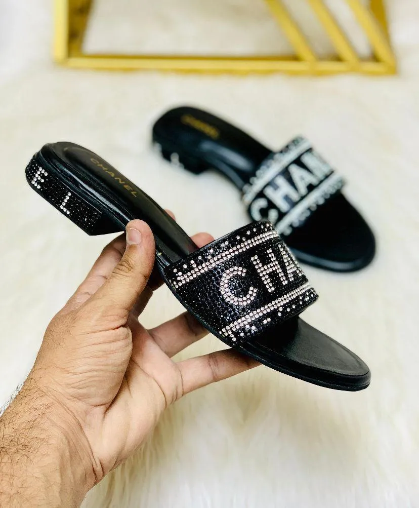 Black Rhinestone Chanel Slides Women Casual Flats