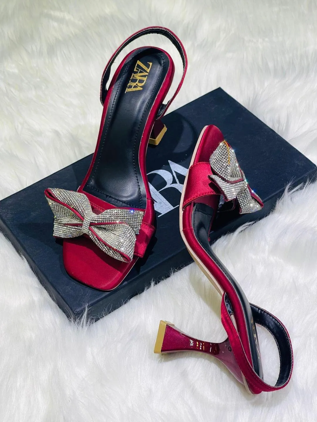 Zara Maroon Rhinestone Bow Heels Women Size 6-11
