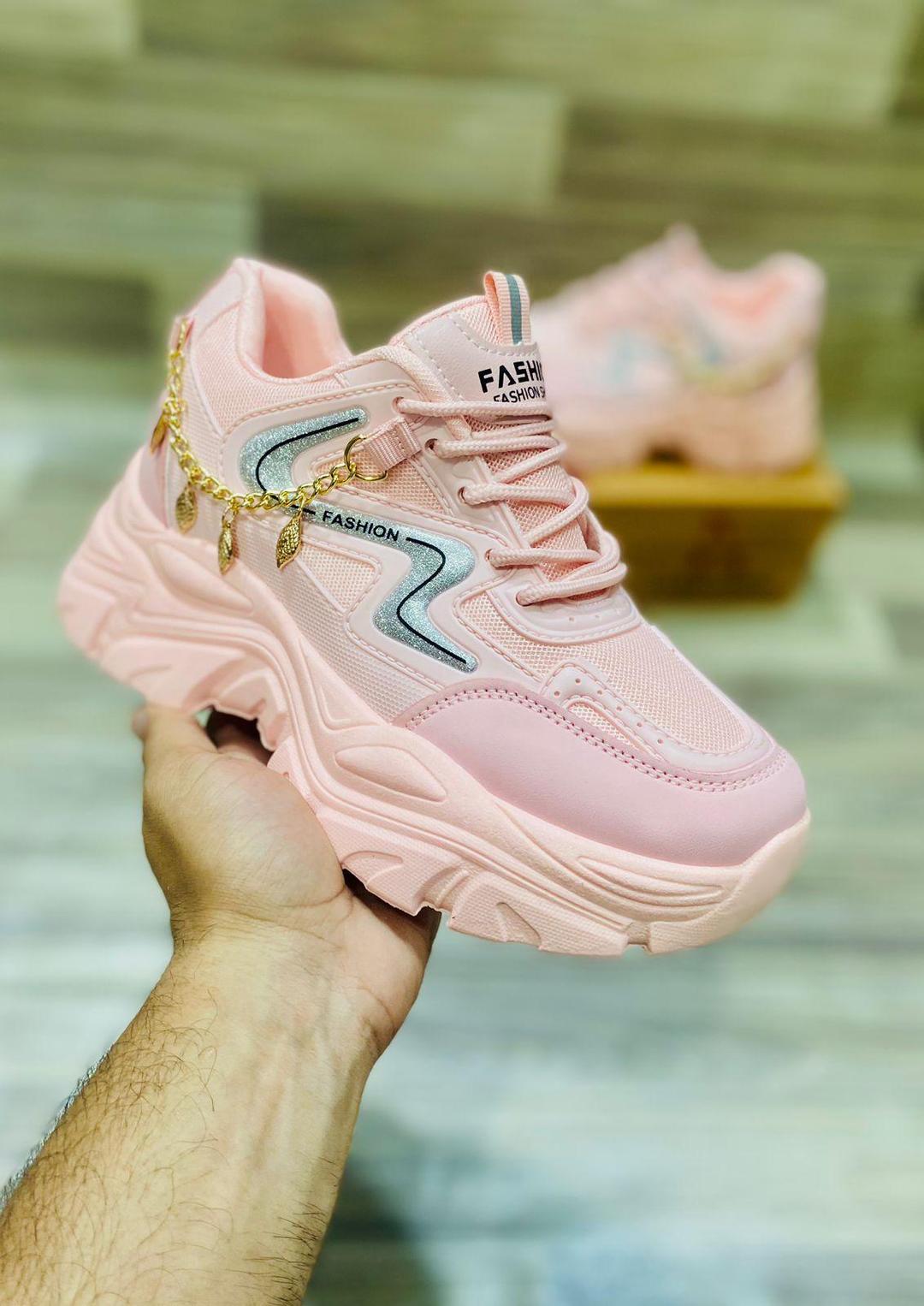 Pink Chunky Sneakers with Gold Chain Detail for Women