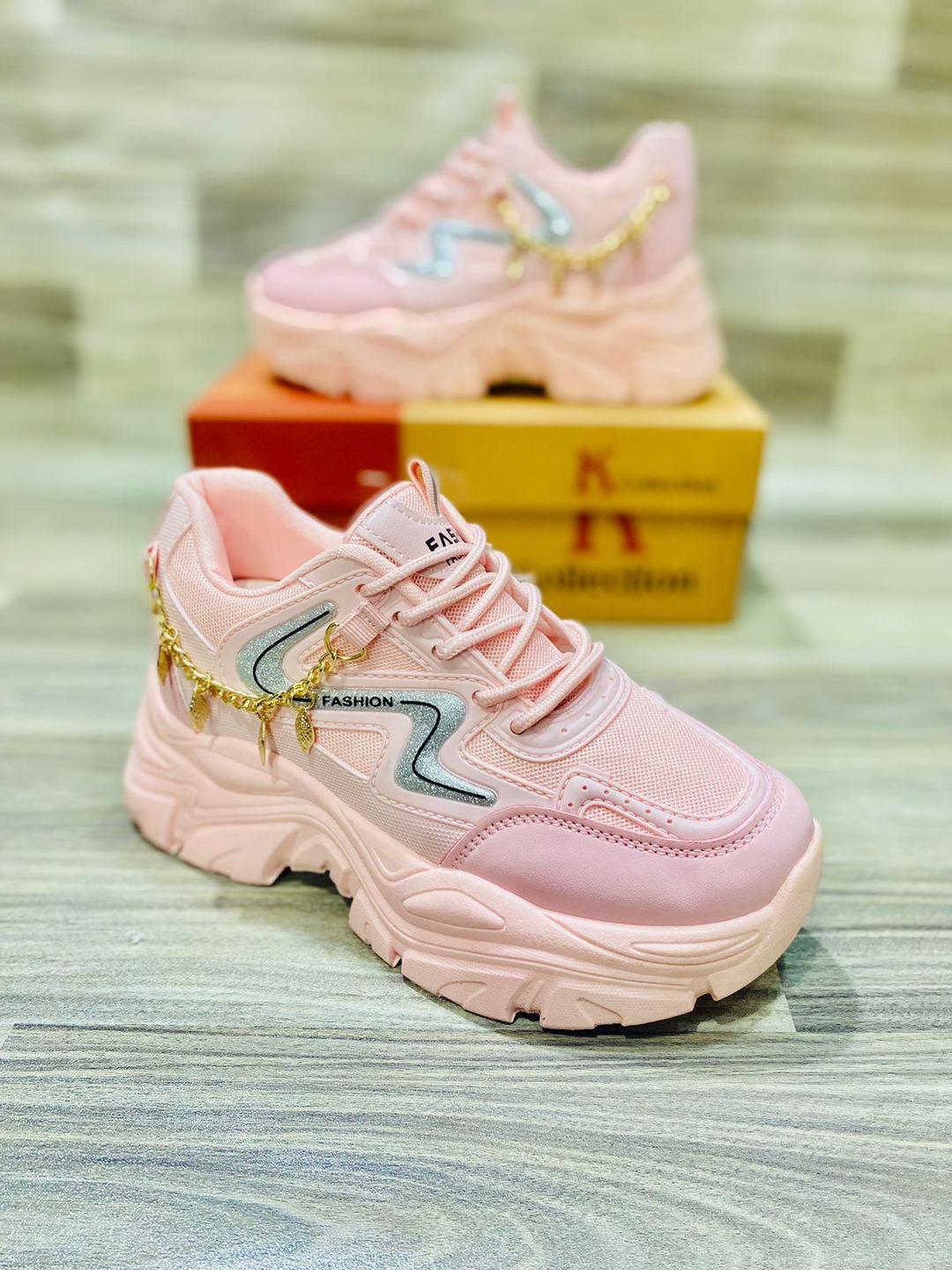 Pink Chunky Sneakers with Gold Chain Detail for Women