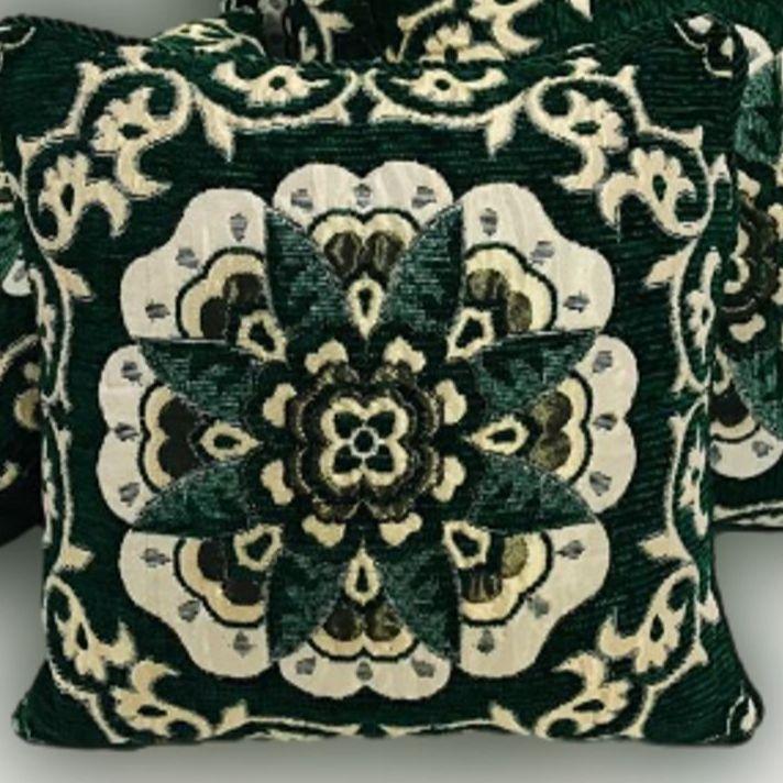 Velvet Jacquard Cushion Covers Green Cream Floral 16x16