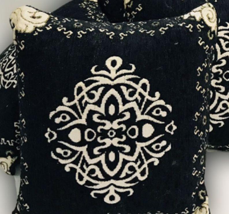 Velvet Jacquard Cushion Covers Black Cream Floral 16x16