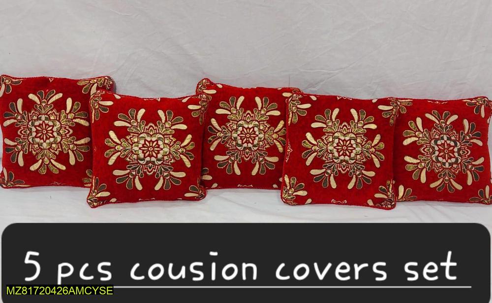 Velvet Jacquard Cushion Covers Set Red Gold Floral 5 Pcs