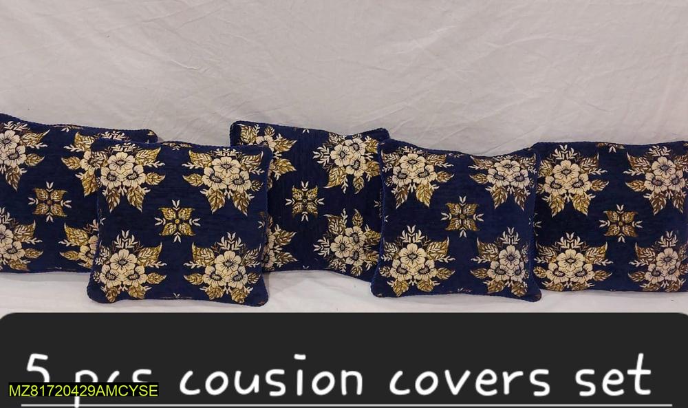 5 Pcs Velvet Jacquard Cushion Covers Navy Gold Floral Set