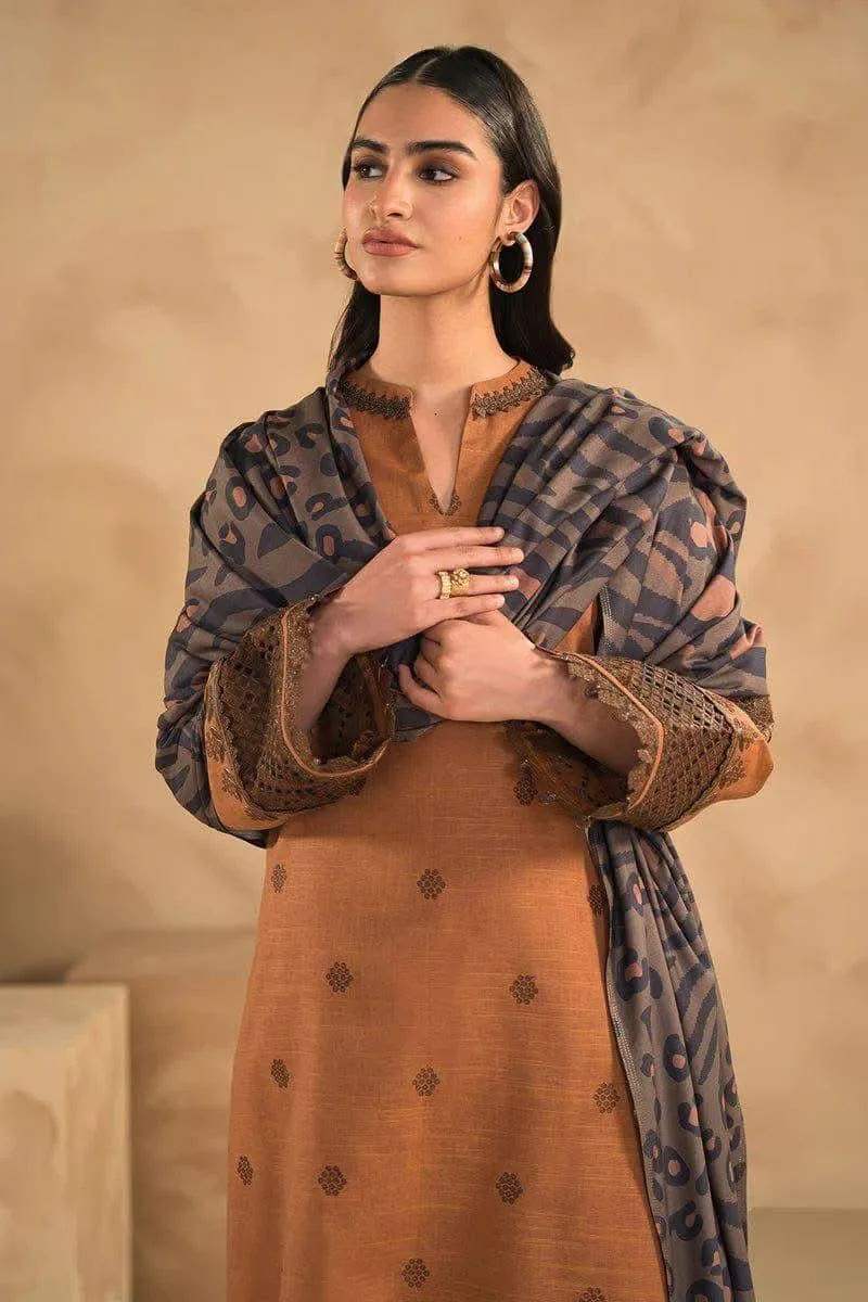 Brown Embroidered 3-Piece Lawn Suit for Women