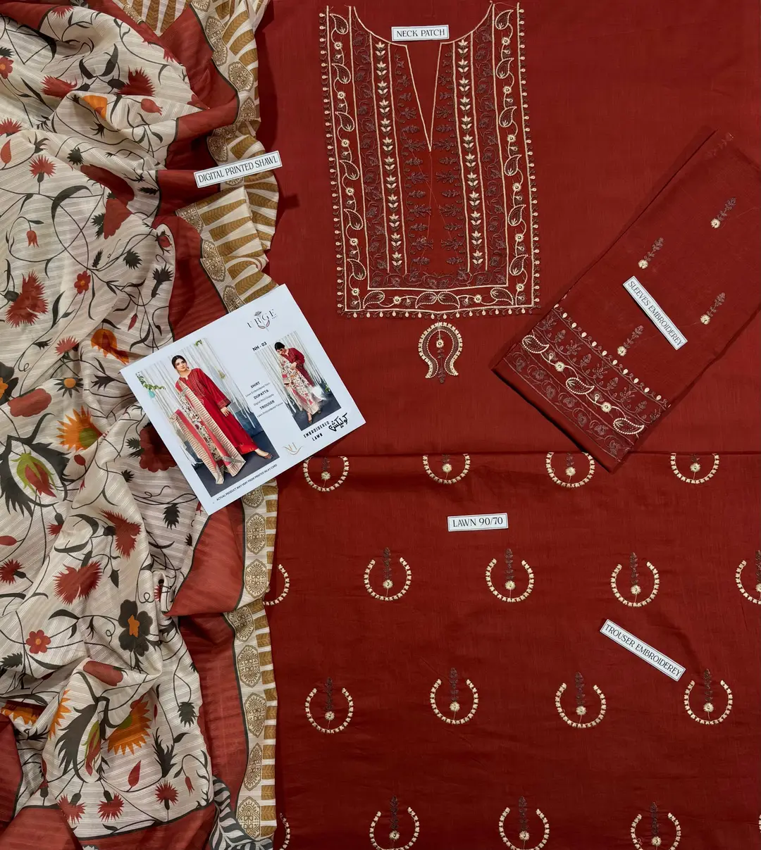 3 Pcs Women's Unstitched Embroidered Suit