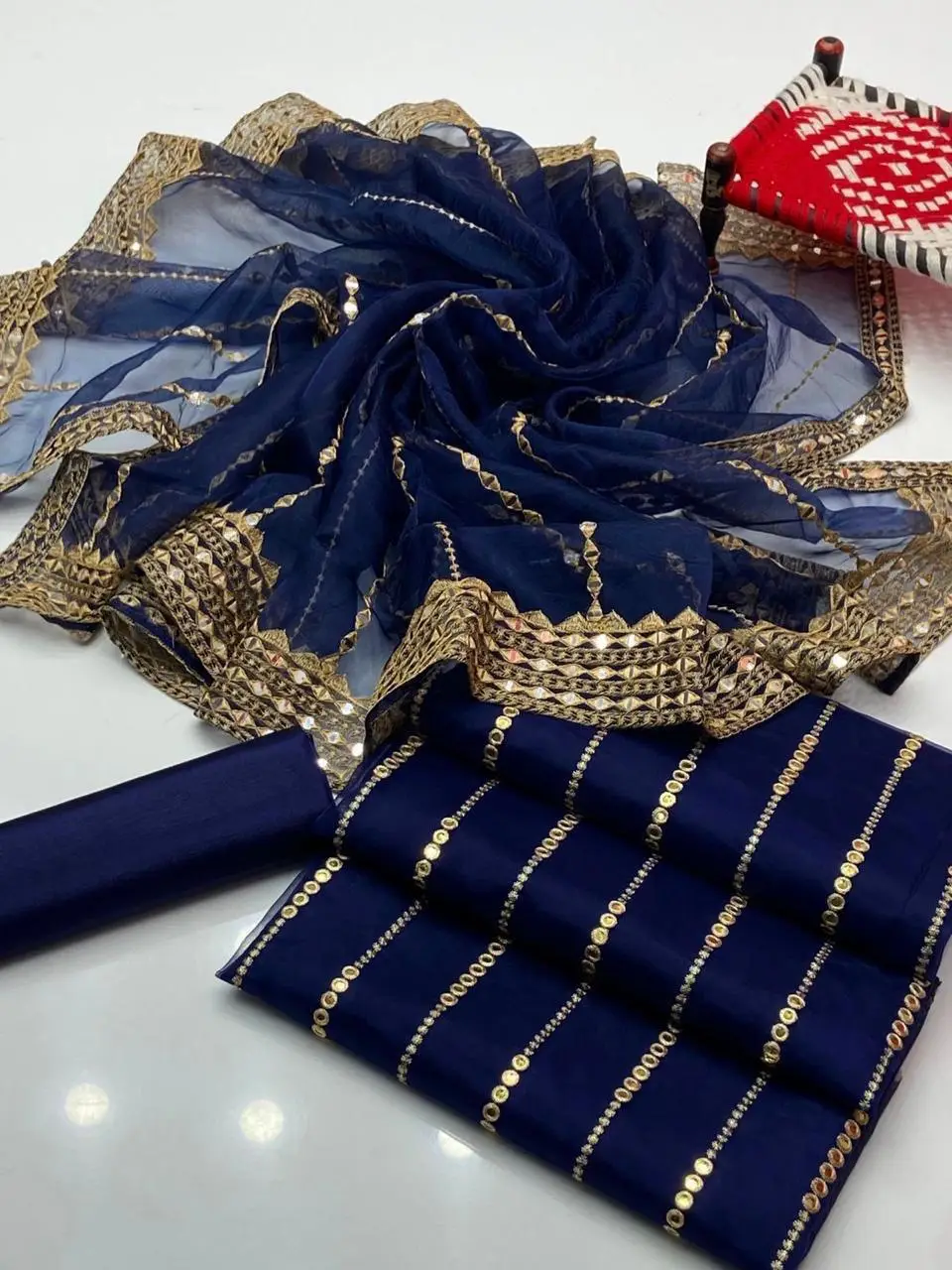 3 Pcs Women's Unstitched Sheesha Work Suit