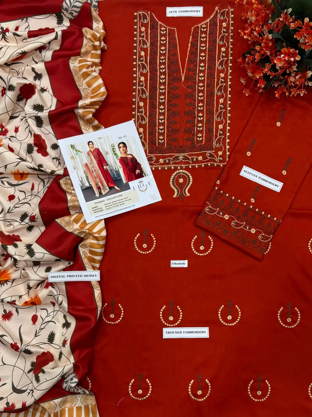 3 Pcs Women's Unstitched Embroidered Suit