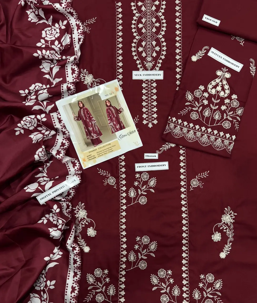 3 Pcs Women's Unstitched Embroidered Suit