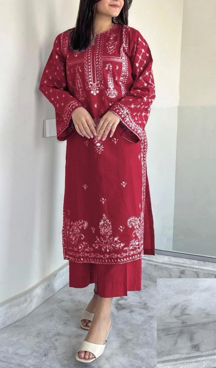 Red Embroidered Lawn Suit for Women Wedding Party Wear