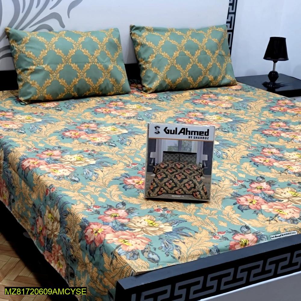 Double Bedsheet Set Green Floral Golden Geometric Cotton Salonica