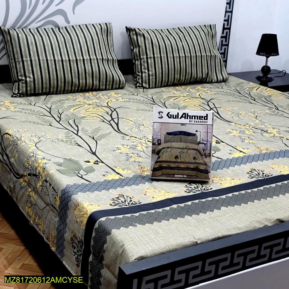 Premium Cotton Salonica Double Bedsheet Set Olive Green Floral Print