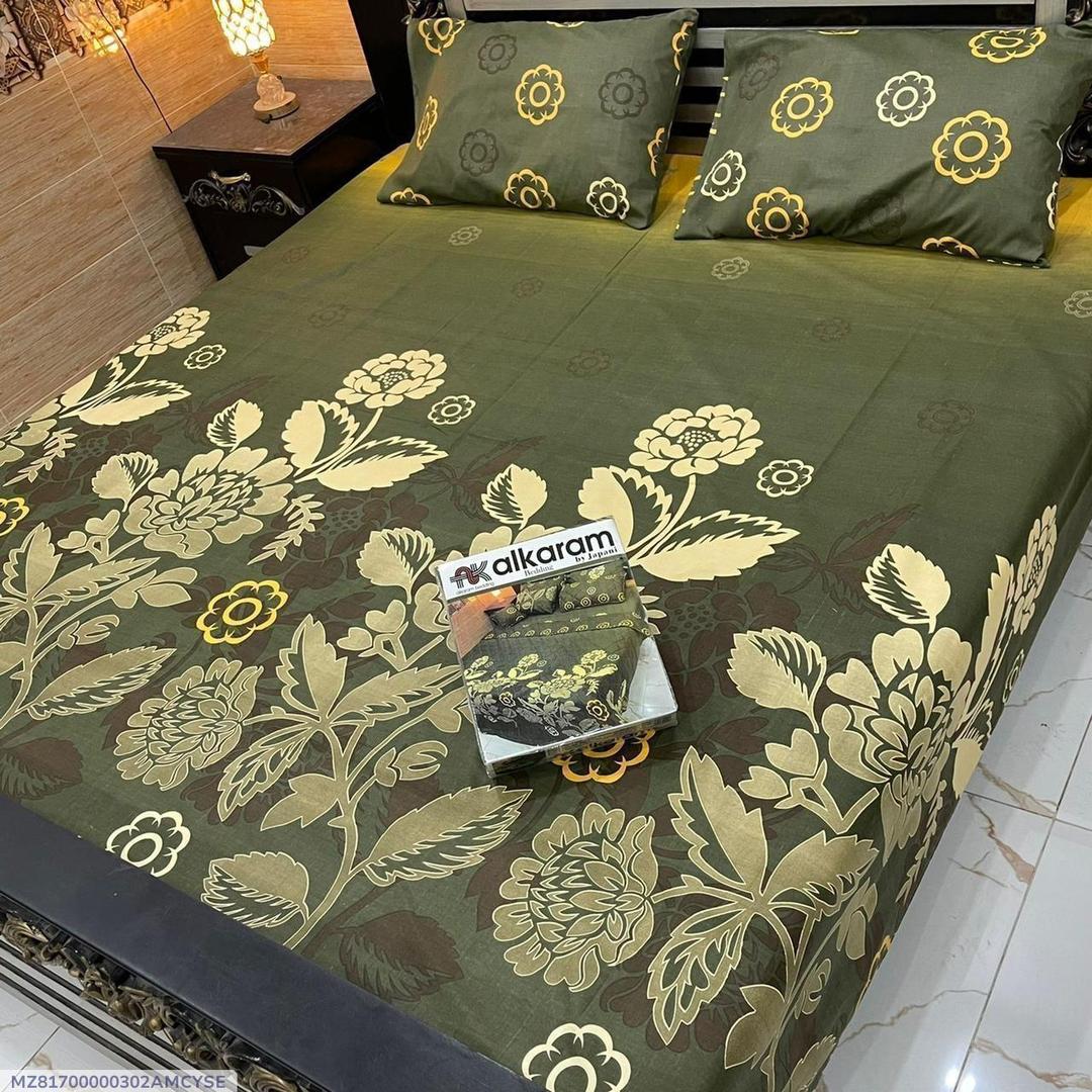 Cotton Salonica Printed Double Bedsheet Set Green Gold Floral