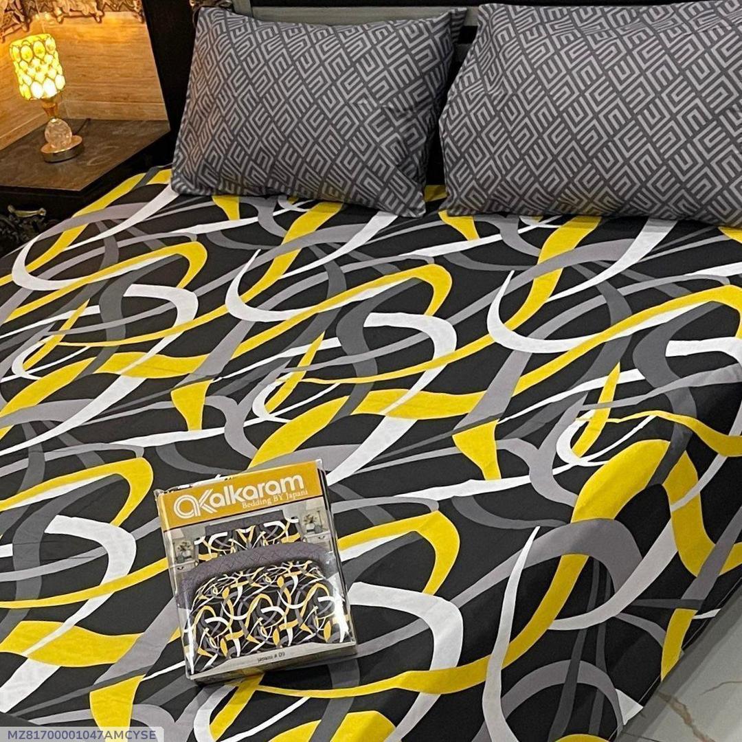 Premium Cotton Salonica Printed Double Bedsheet Black Yellow White Gray Swirls