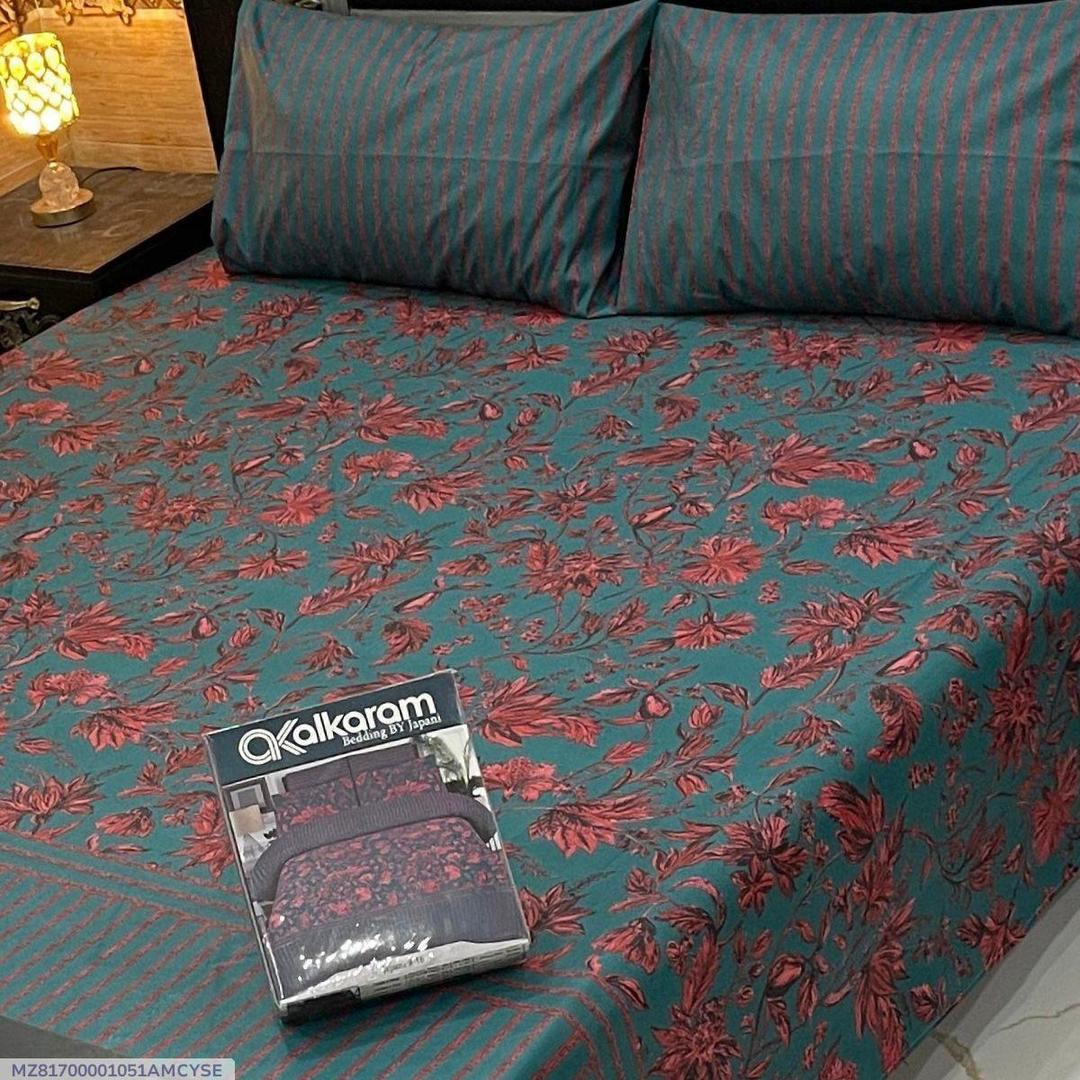 Premium Quality Cotton Salonica Double Bedsheet Green Red Floral