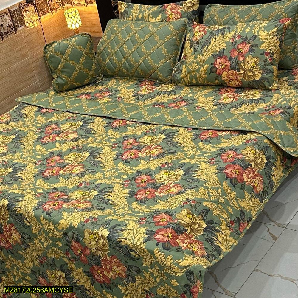 7-Piece Cotton Floral Comforter Set King Size Green Gold Red