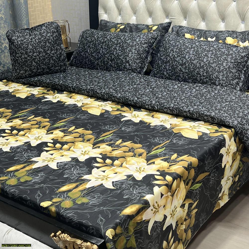 Black Gold Lily Floral 7-Piece Cotton Bedsheet Set