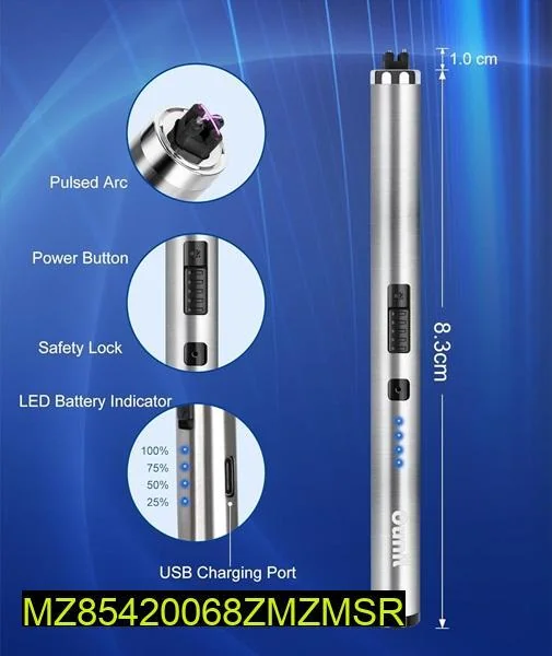 Rechargeable Electric Lighter Silver 10.2cm Portable
