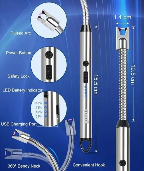 Rechargeable Electric Lighter Silver 10.2cm Portable
