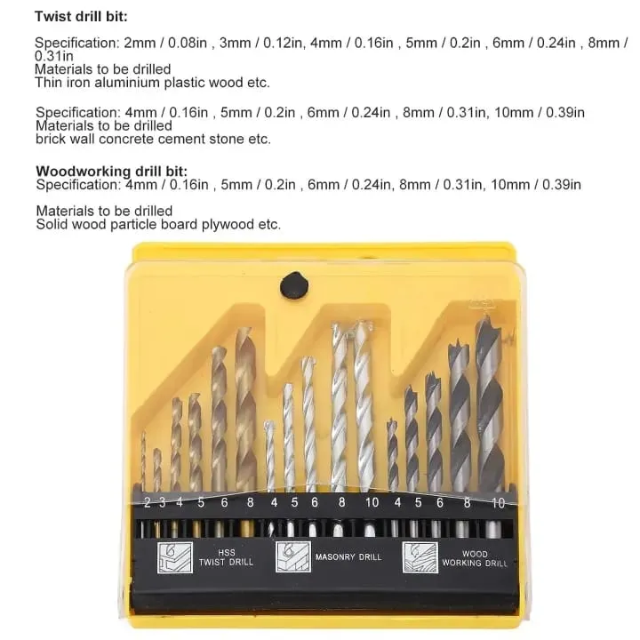 16Pcs Stainless Steel Drill Set 10mm Golden Black