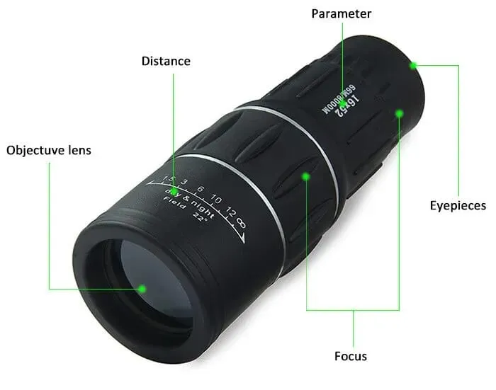 Bushnell Monocular Image Magnification 16X Objective Lens Diameter 52mm Focus System Eyepiece System Rotating Around Prism System Roof Eye relief 18mm Exit Pupil 5.2mm Field of view 22 degree