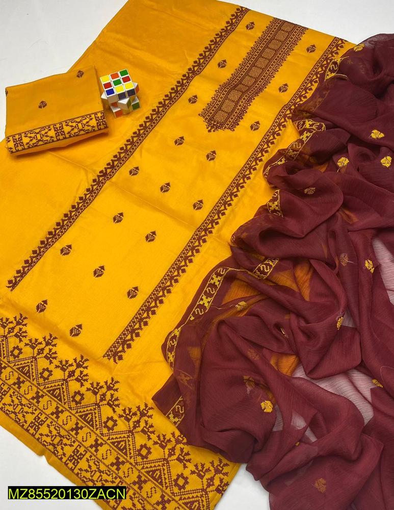 Mustard Yellow Embroidered 3-Piece Cotton Suit with Maroon Chiffon Dupatta