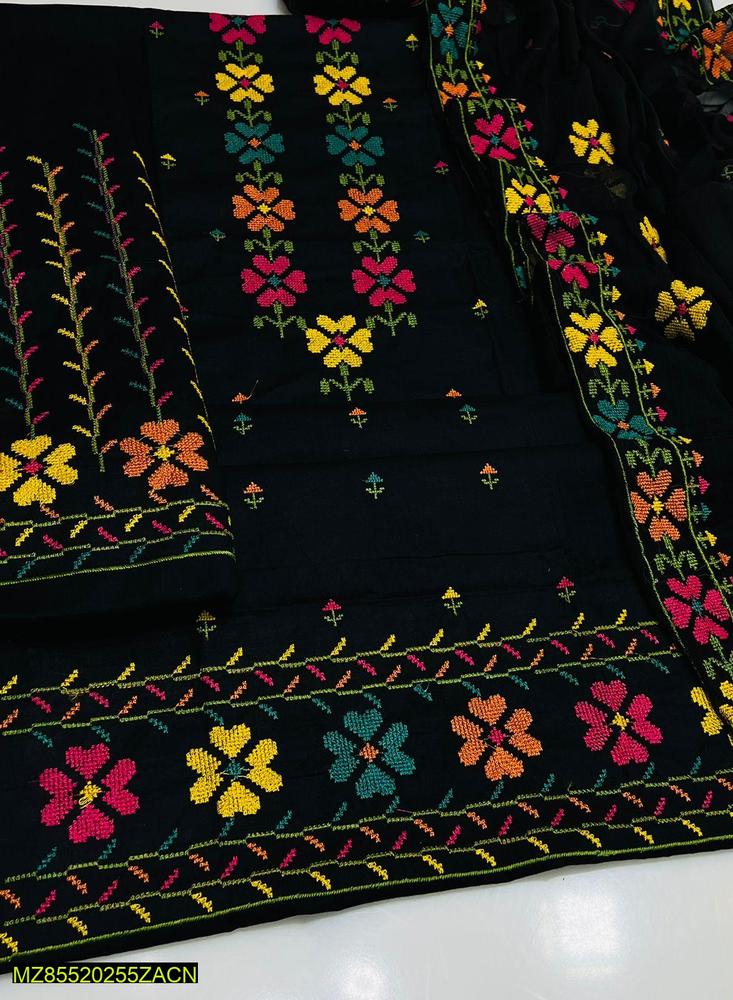 Women Cotton Embroidered Suit Black Floral Pink Yellow Teal