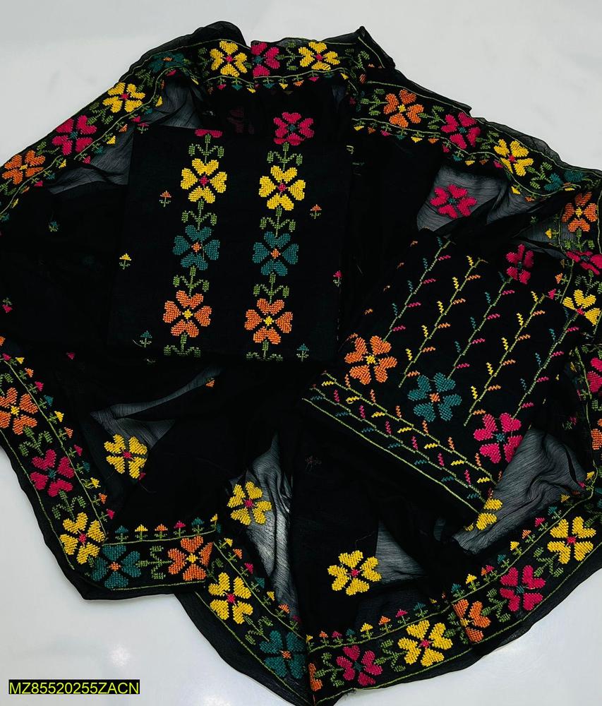 Women Cotton Embroidered Suit Black Floral Pink Yellow Teal