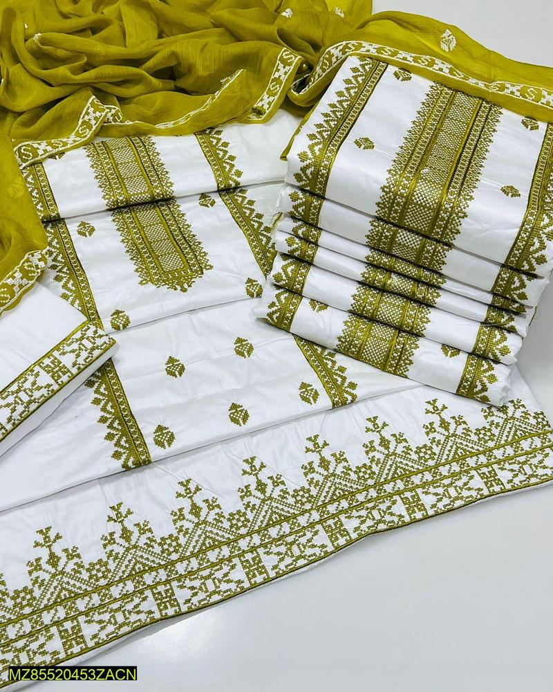 White Green Embroidered 3-Piece Cotton Suit for Women