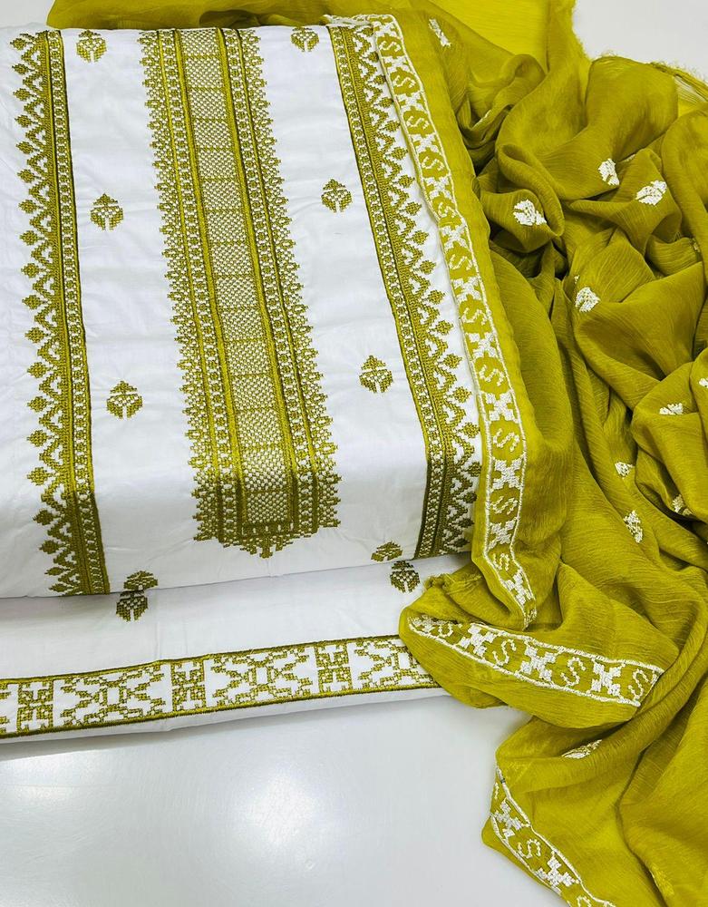 White Green Embroidered 3-Piece Cotton Suit for Women