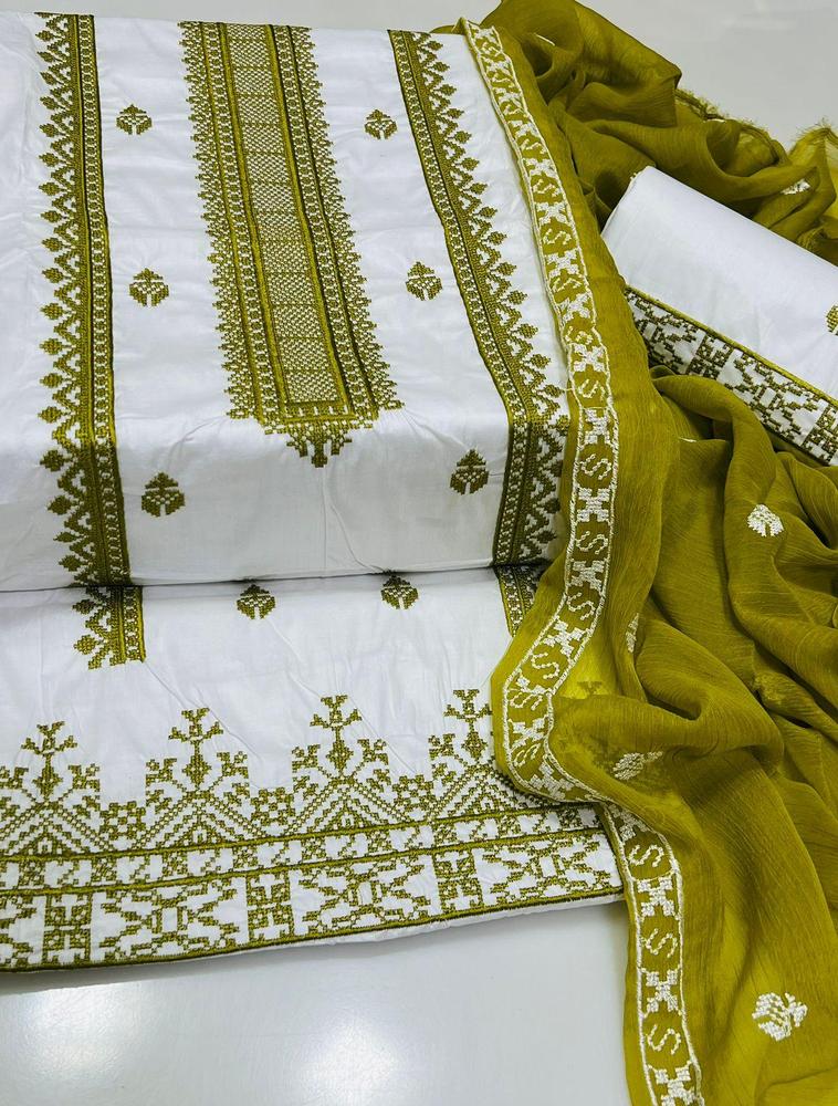 White Green Embroidered 3-Piece Cotton Suit for Women